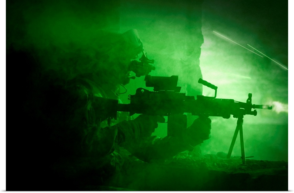 Night vision view of a U.S. Army Ranger in Afghanistan combat scene.