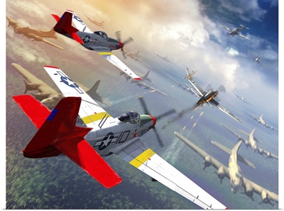 P-51 Mustangs Escorting B-17 Bombers From German Fighter Planes