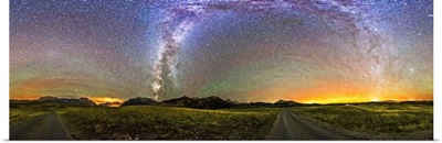 Panorama of the Milky Way and night sky at Waterton Lakes National Park, Canada
