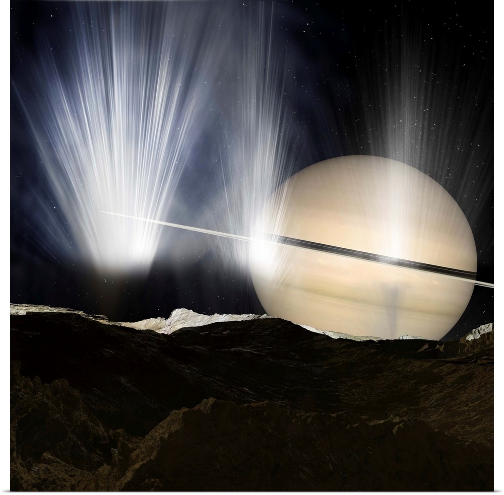 Plumes of ice crystals rise from geysers into the sunlight as dawn breaks on Enceladus, one of Saturn's many moons.