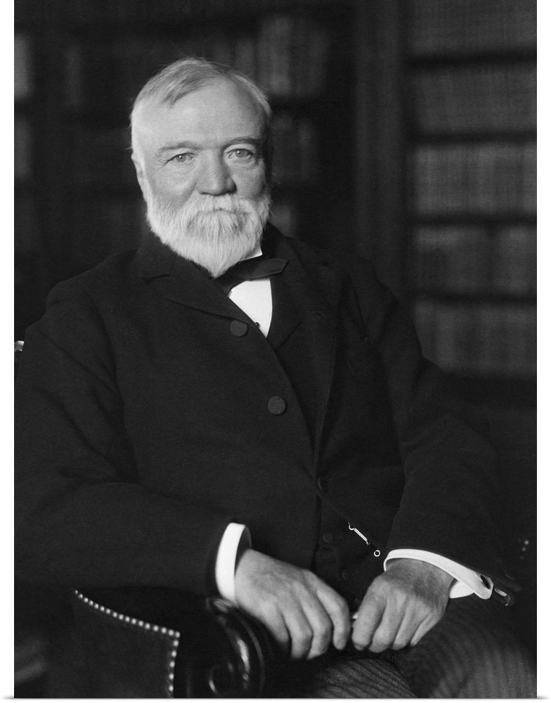 Vintage American history photo of Andrew Carnegie seated in a library. By Frances Benjamin Johnston, April 1905.