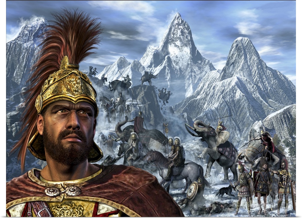 Portrait of Hannibal and his troops crossing the Alps.