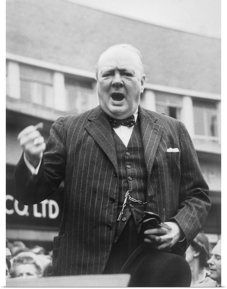 British history photograph of Prime Minister Winston Churchill during an election campaign speech, 1945.
