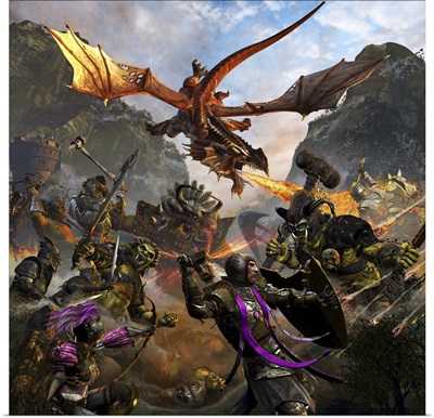 Red dragon and orcs attacking Royal Knights