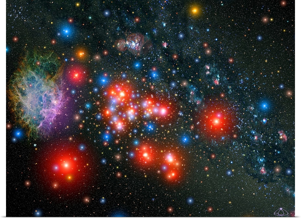 Bright and various colored stars are photographed in the galaxy.