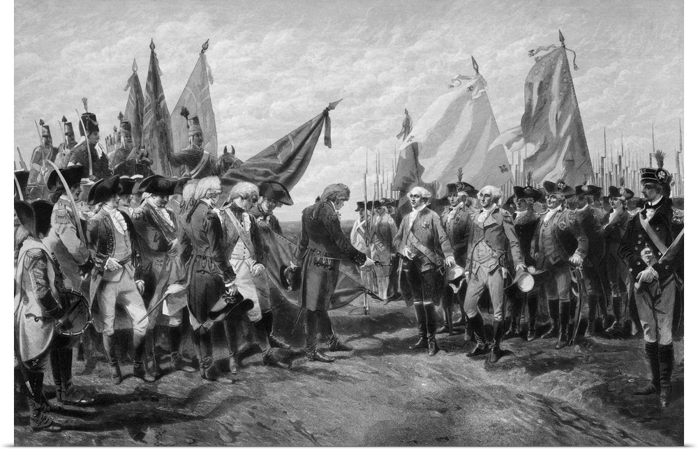 Revolutionary War print showing the surrender of British troops.