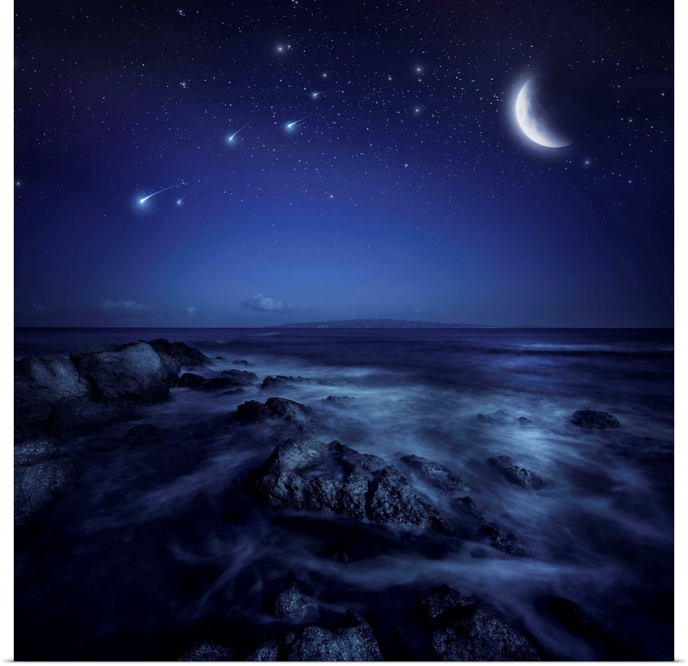 Rising moon over ocean and boulders against starry sky and falling meteorites.
