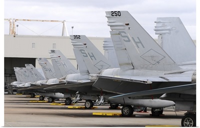 Row of US Marine Corps F/A-18 Hornet tail fins at MCAS Miramar
