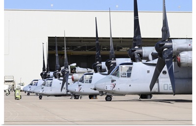 Row of US Marine Corps MV-22B Osprey aircraft at MCAS Miramar