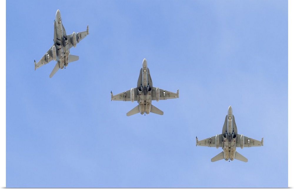 Royal Australian Air Force F/A-18A Hornets break overhead.