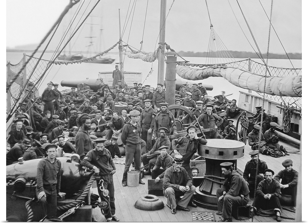 Sailors on deck of USS Mendota gun boat during American Civil War.