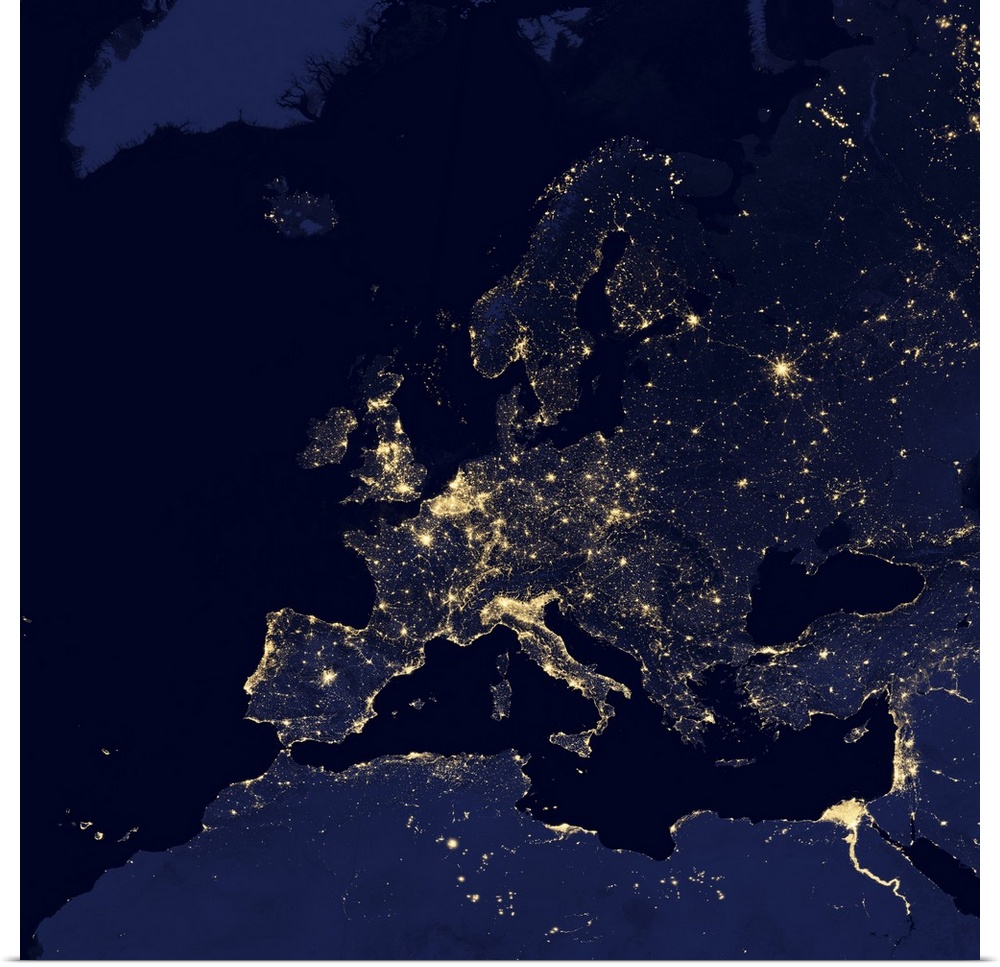 Satellite view of city lights in several major European and Nordic cities, including Stockholm Sweden; Osly, Norway; Helsi...