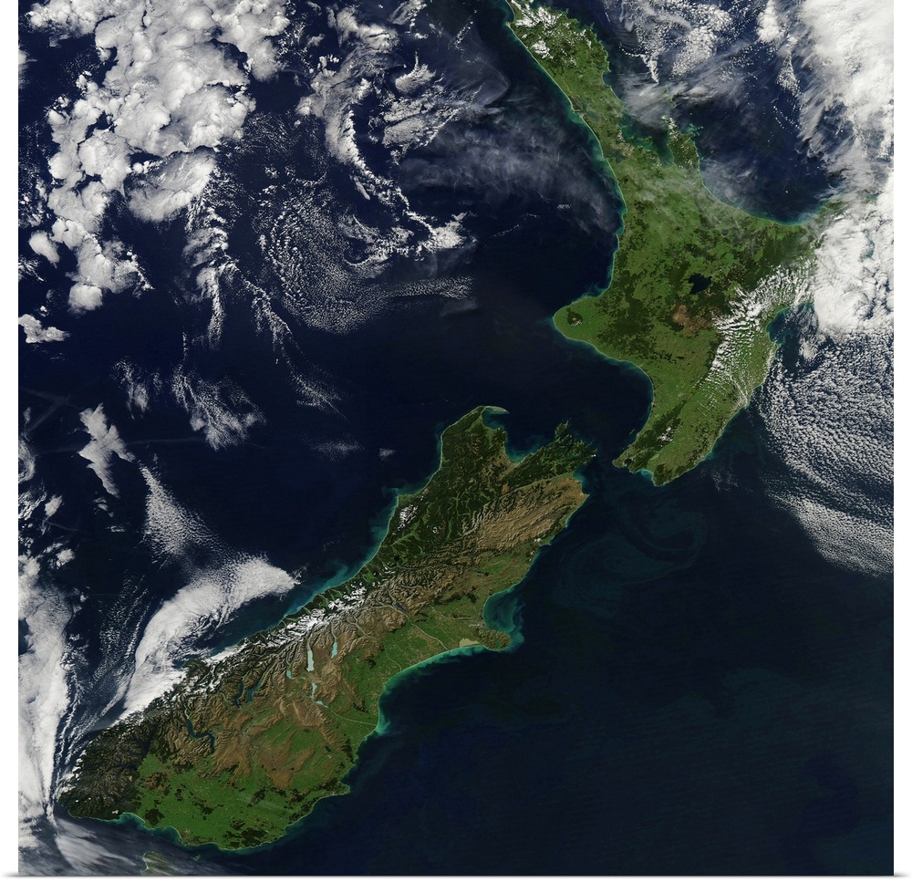 March 30, 2011 - Satellite view of New Zealand. Near the top of the image, snow covers the highest peaks of the North Auck...