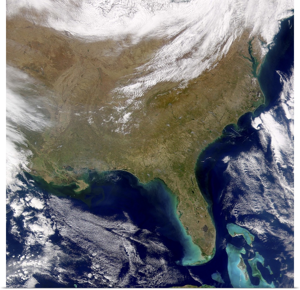 Satellite view of the southeastern United States. Smoke plumes are visible amongst the cloud-free skies.