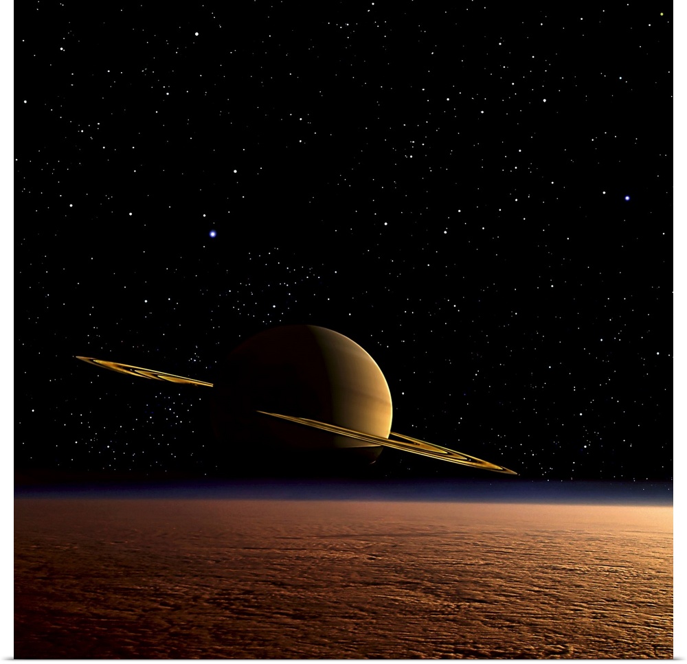 Saturn floats in the background above Titan