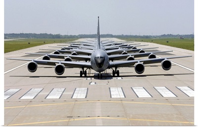 Six KC135 Stratotankers demonstrate the elephant walk formation