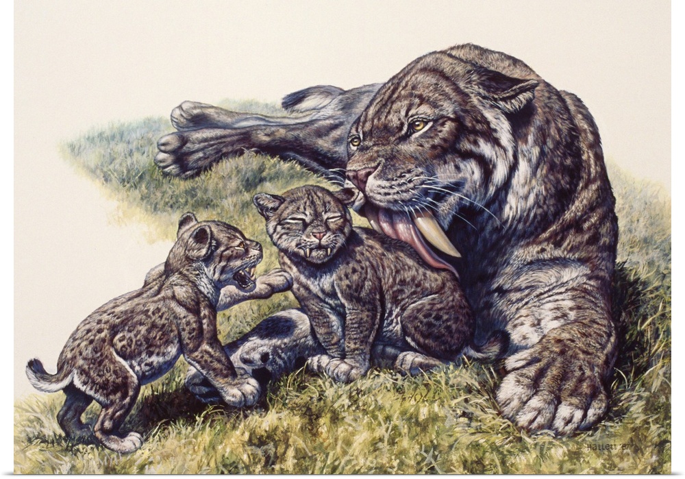 Smilodon sabertooth mother and her cubs, Pleistocene Epoch (Ice Age) of North America.