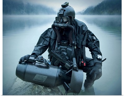 Special operations forces combat diver with underwater propulsion vehicle