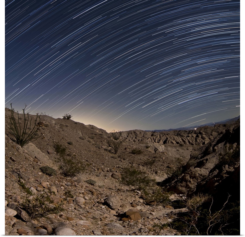 Star trails over one of the many rugged canyons in the Santa Rosa Mountains. Anza Borrego Desert State Park, California.