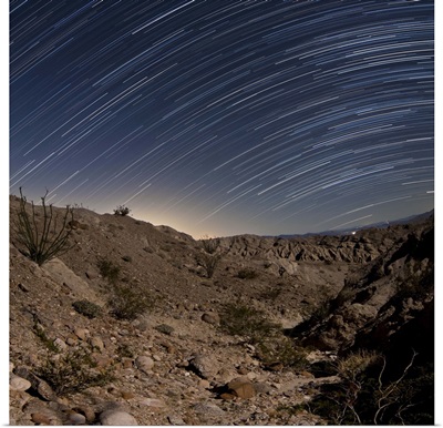 Star trails over the rugged canyon in Anza Borrego Desert State Park, California
