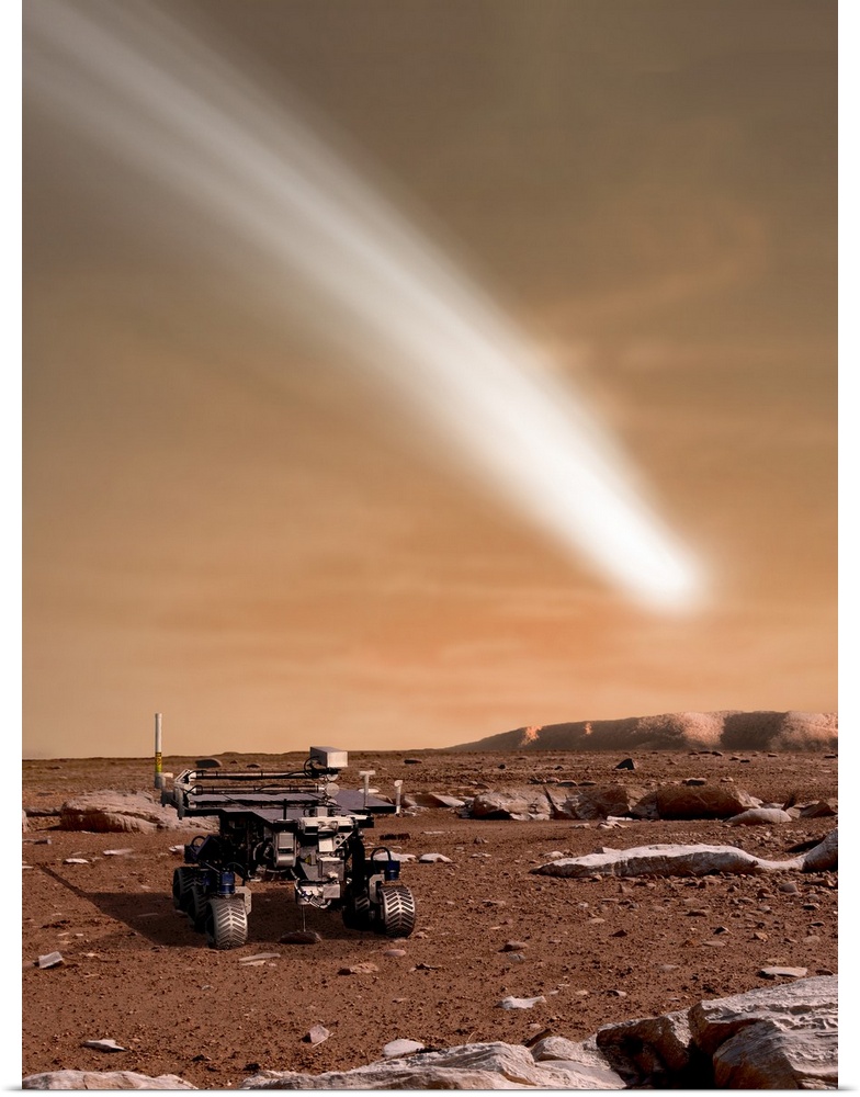 An artist's depiction of the close pass of comet C/2013 A1 over Mars.