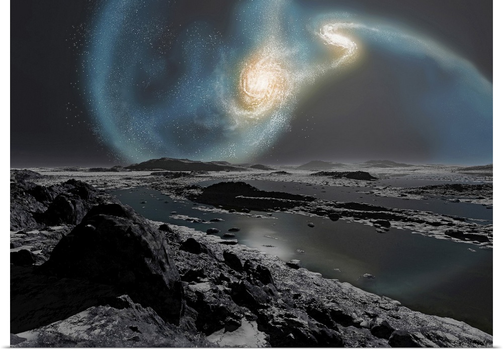 Big wall art of an artist's concept depicting the collision of the Milky Way and Andromeda galaxies as seen from the Earth.