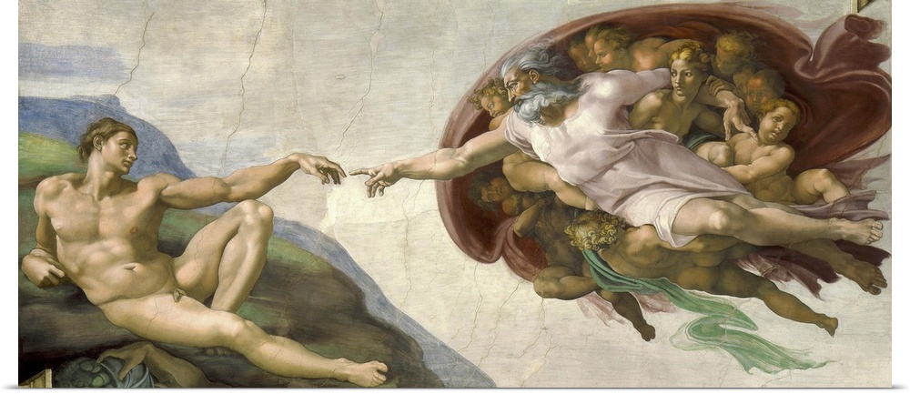 Vintage masterpiece painting of The Creation of Adam. Painted by Michelangelo on the ceiling of the Sistine Chapel, circa ...