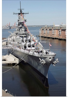 The decommissioned US Navy Battleship USS Wisconsin berthed to the pier