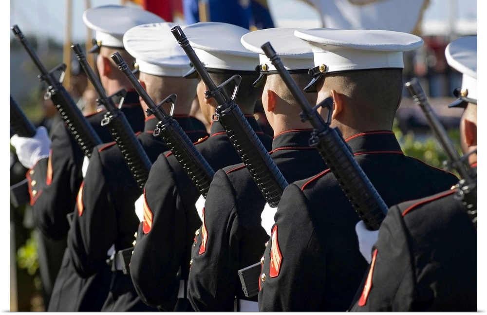 Big canvas photo of Marines holding rifles lined up facing away from the camera.