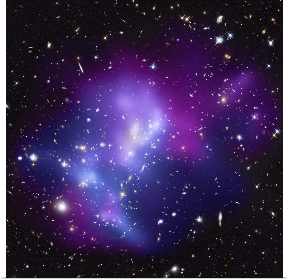 Big, square wall picture of the huge galaxy cluster MACS J0717 surrounded with vibrant, multicolored clouds and the blackn...