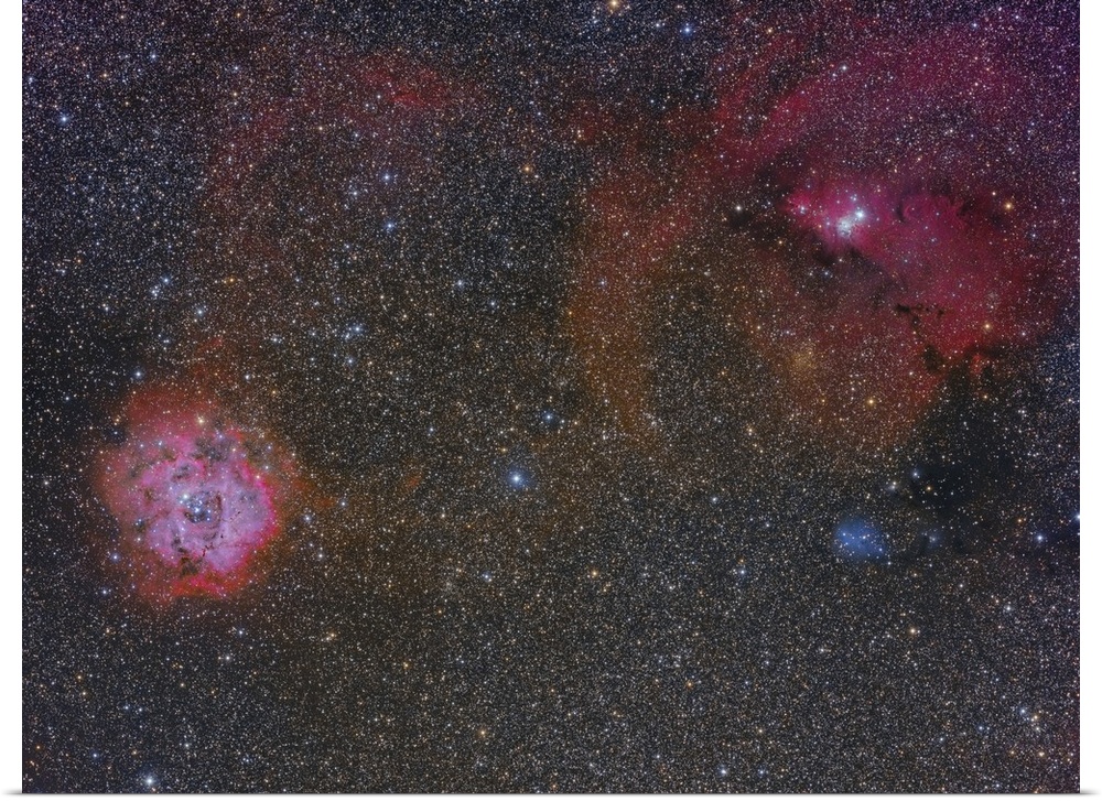 The Monoceros region showing the Rosette Nebula, Cone Nebula and Christmas Tree Cluster.