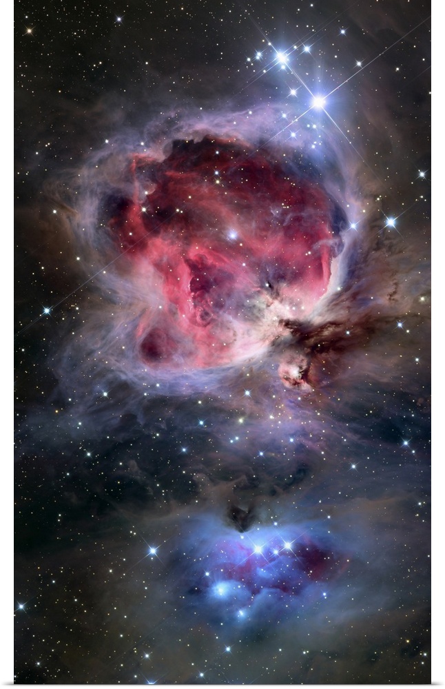 Oversized vertical wall hanging of the swirling, brightly colored clouds in the Orion Nebula, surrounded by many stars.