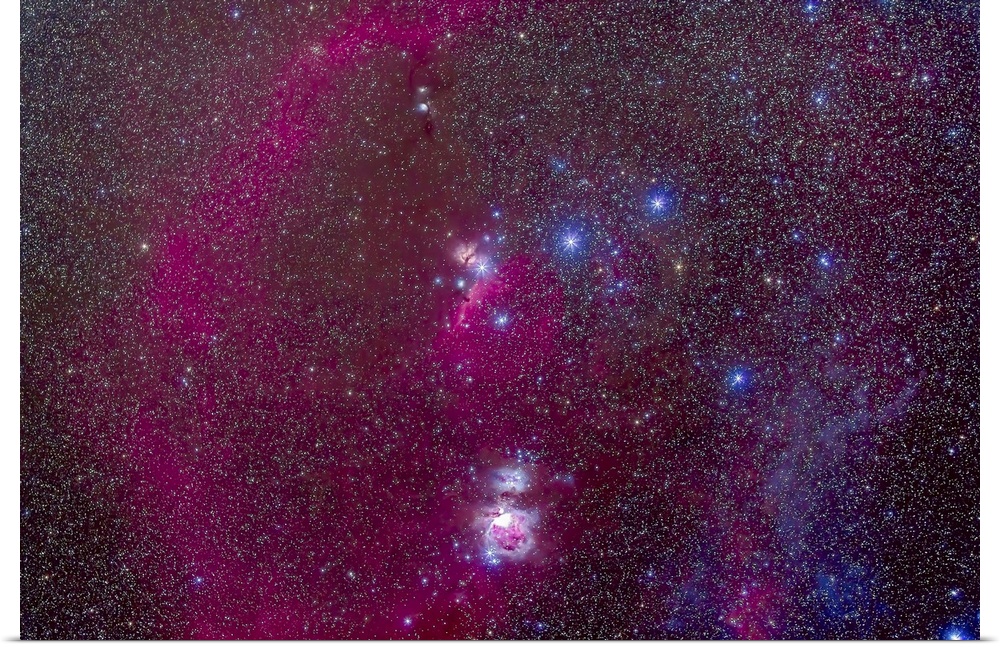 The Orion Nebula, Belt of Orion, Sword of Orion, Barnard's Loop (left), small reflection nebula Messier 78 (above center),...