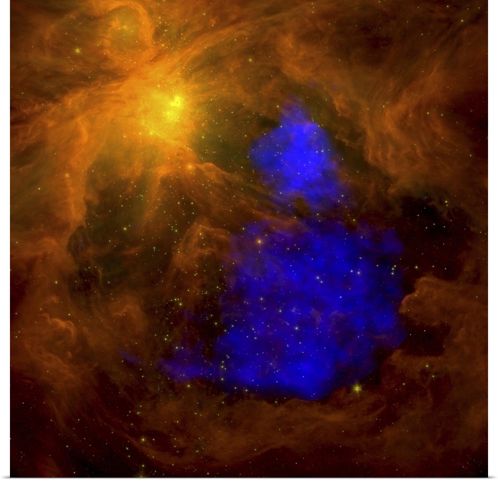 Square canvas photo of space entities in colorful clouds with stars in the background.