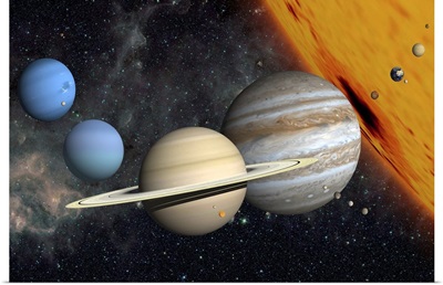The planets and larger moons to scale with the Sun