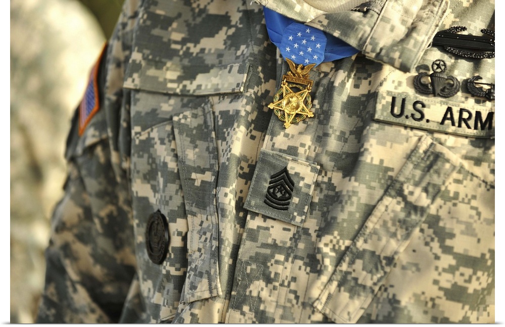 The U.S. Army Medal of Honor is worn by a retired U.S. Soldier and recipient.