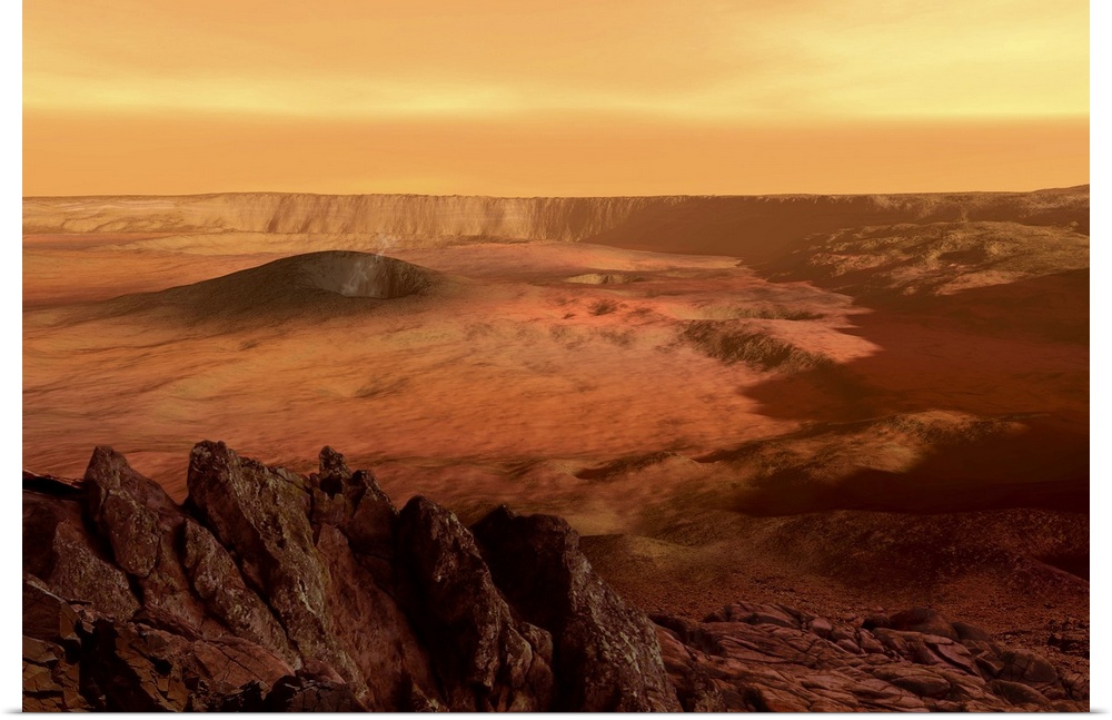 The view from the rim of the caldera of Olympus Mons on Mars, the largest volcano in the solar system.