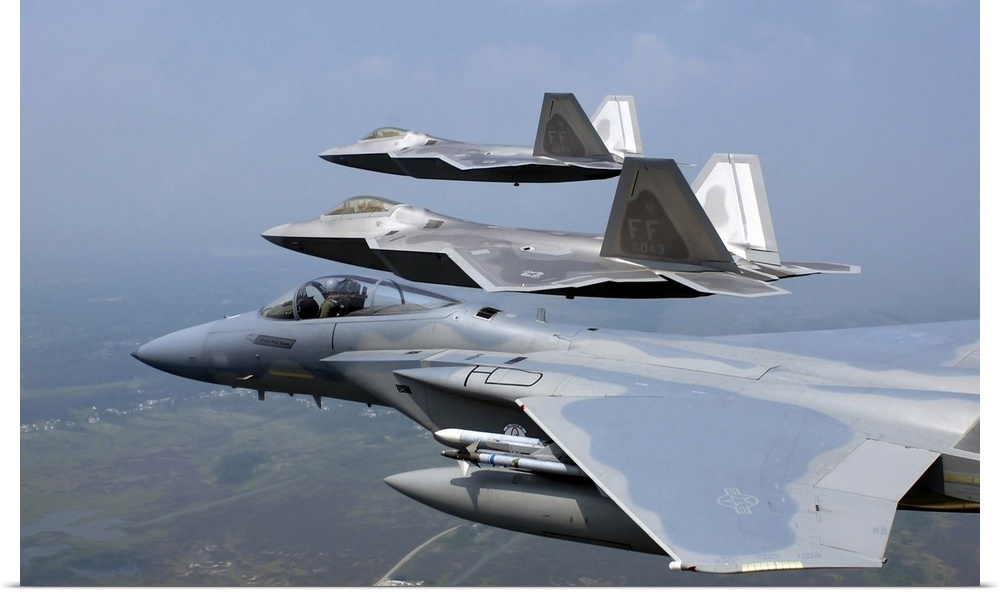 Three F/A22 Raptors fly in formation during a training sortie