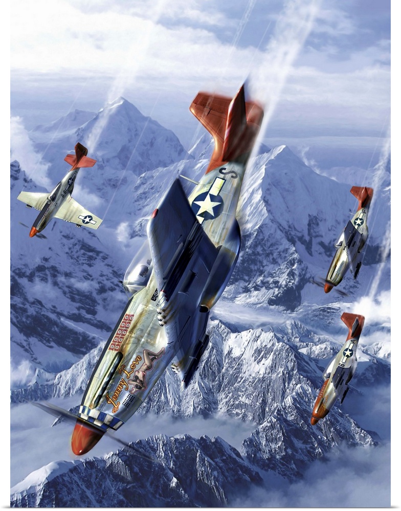 Tuskegee airmen of the 332nd fighter group flying near the Alps in their P-51 Mustangs.