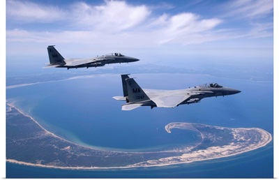 Two F-15 Eagles fly high over Cape Cod, Massachusetts
