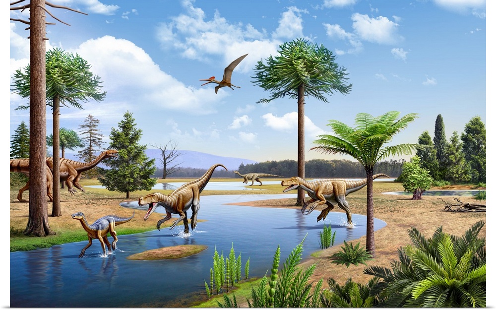 Two Herrerasaurus chasing a Silesaurus down a stream in the Triassic period. Two Plateosaurus are in the background.