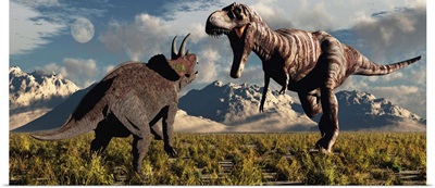 Tyrannosaurus Rex and Triceratops meet for a battle to the death