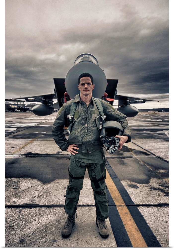 High Dynamic Range image of a U.S. Air Force pilot standing in front of a McDonnell Douglas F-15C aircraft.