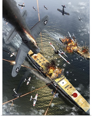 U.S. Aircraft Bomb The Japanese Aircraft Carrier Akagi, World War II, Battle Of Midway