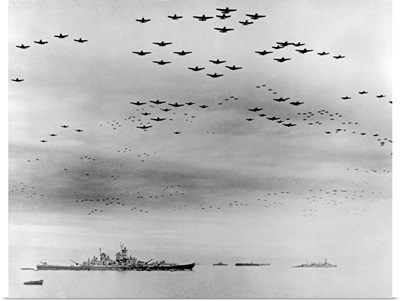 U.S. Navy Carrier Planes Flying Over British And U.S. Navy Fleets, Tokyo Bay, Japan