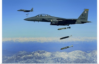 US Air Force F15E Strike Eagle aircraft drops 2000pound joint direct attack munitions