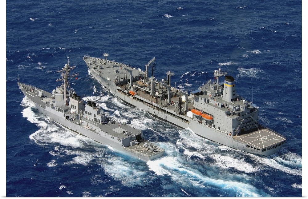 U.S. Navy destroyer USS Decatur comes alongside the Military Sealift Command oiler USNS Pecos.