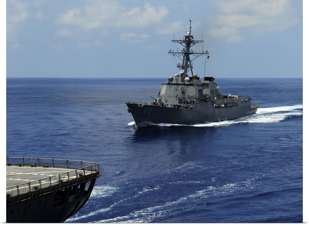 Guided-missile destroyer USS Preble approaching the Military Sealift Command oiler USNS John Ericsson.