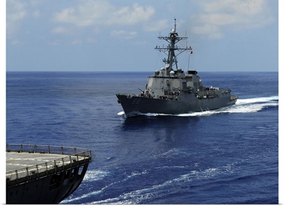 USS Preble approaching the Military Sealift Command oiler USNS John Ericsson