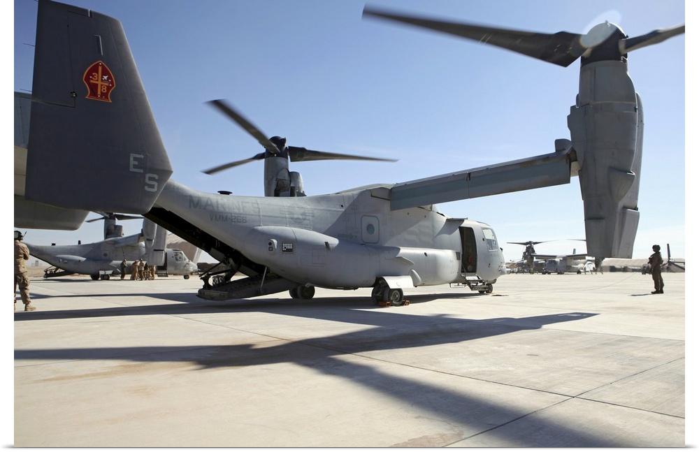 January 15, 2011 - V-22 Osprey tiltrotor aircraft arrive at Camp Bastion, Afghanistan as an augment from the 26th Marine E...